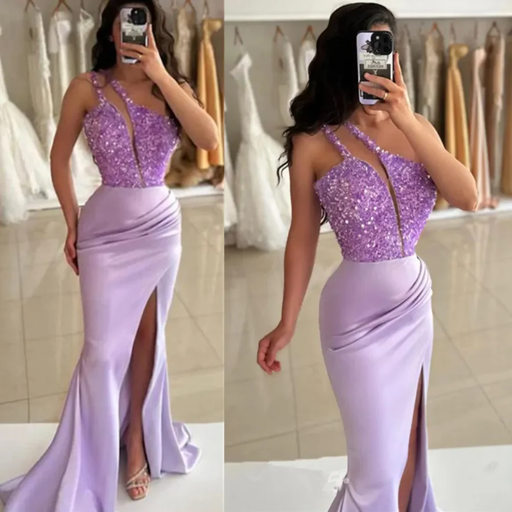 

Sparkling Mermaid sexy One shoulder backpack hip floor length side slit elegant ladies Luxury Evening dress Ball party dress