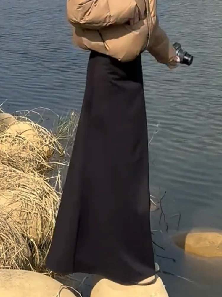 

Новая универсальная корейская юбка-миди А-силуэта с высокой талией, драпировкой, скрывающая бедра, стройнящая, осенне-зимняя, средней длины