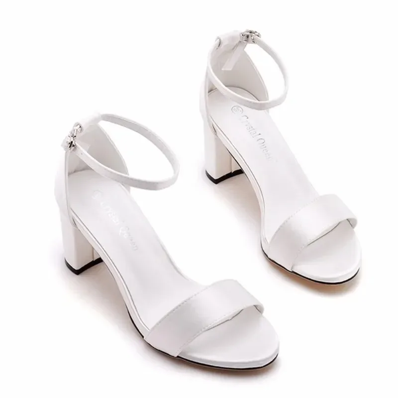 Quality Women Sandals Female Fashion Silk 7CM Square Heel Buckle Strap Cover Heel Bridal Wedding Shoe Evening Dress Pumps