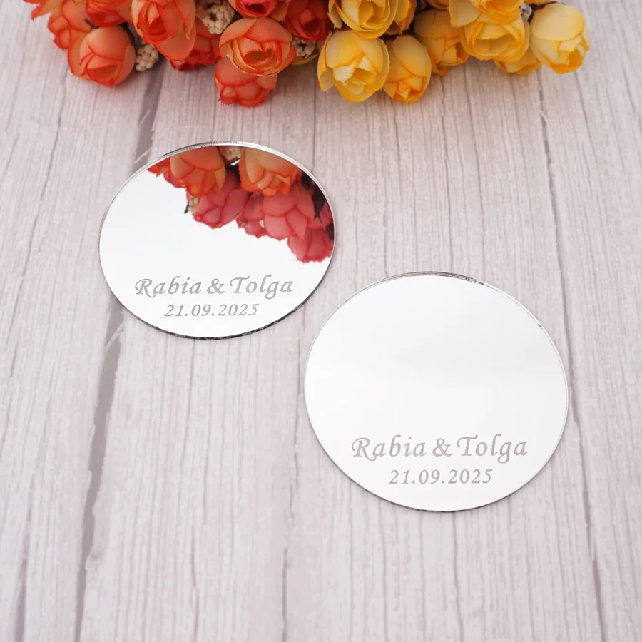 30pcs 7cm Personalize Name Acrylic Mirror Wedding Favors Custom Candle Holder Birthday Party Babyshower Guest Gifts