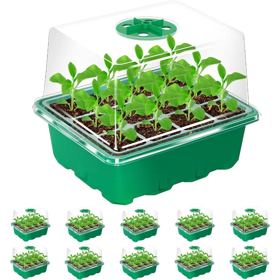 

10 Packs Seed Starter Tray with Elevated Lid 120 Cells Thicken Seed Starting Trays Kit with Adjustable Humidity Vent Clear Cell