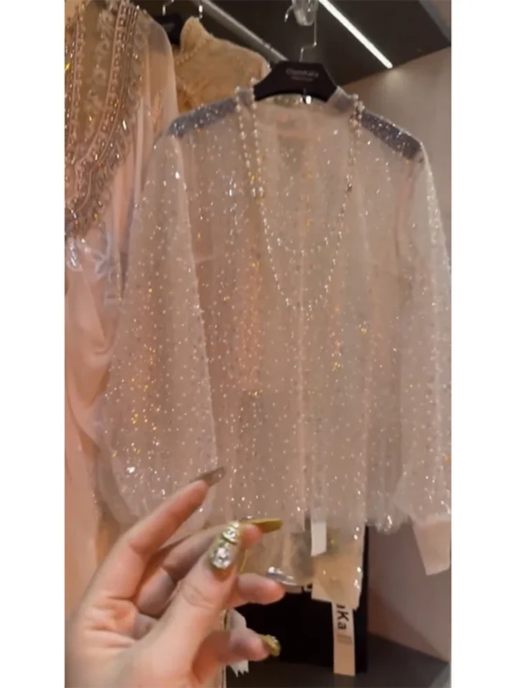 Heavy Industry Shiny Sequin Mesh Blouse Pearl Long Lantern Sleeve Stand Collar Pullover Female Tops Summer Sunscreen Shirts