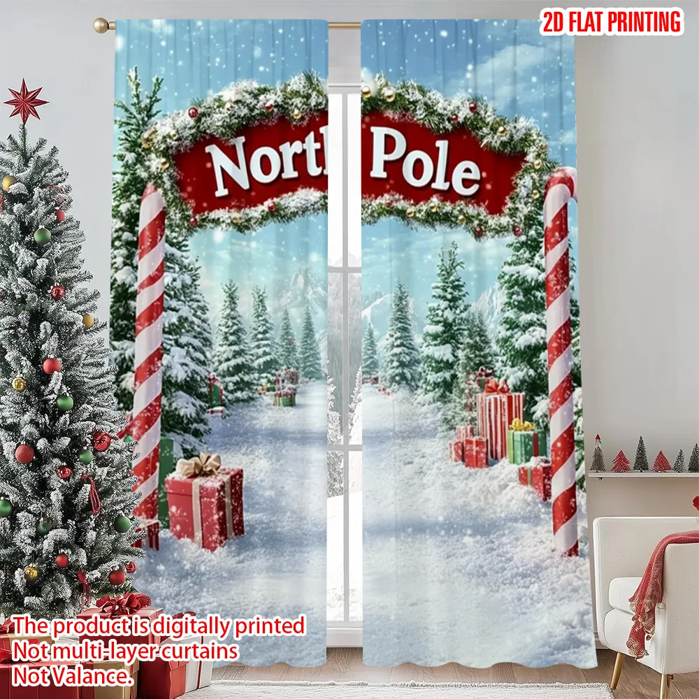 

2pcs 2D flat printing Merry Christmas Party Curtains Arctic Christmas Durable Polyester Without Electricity Festive Holiday