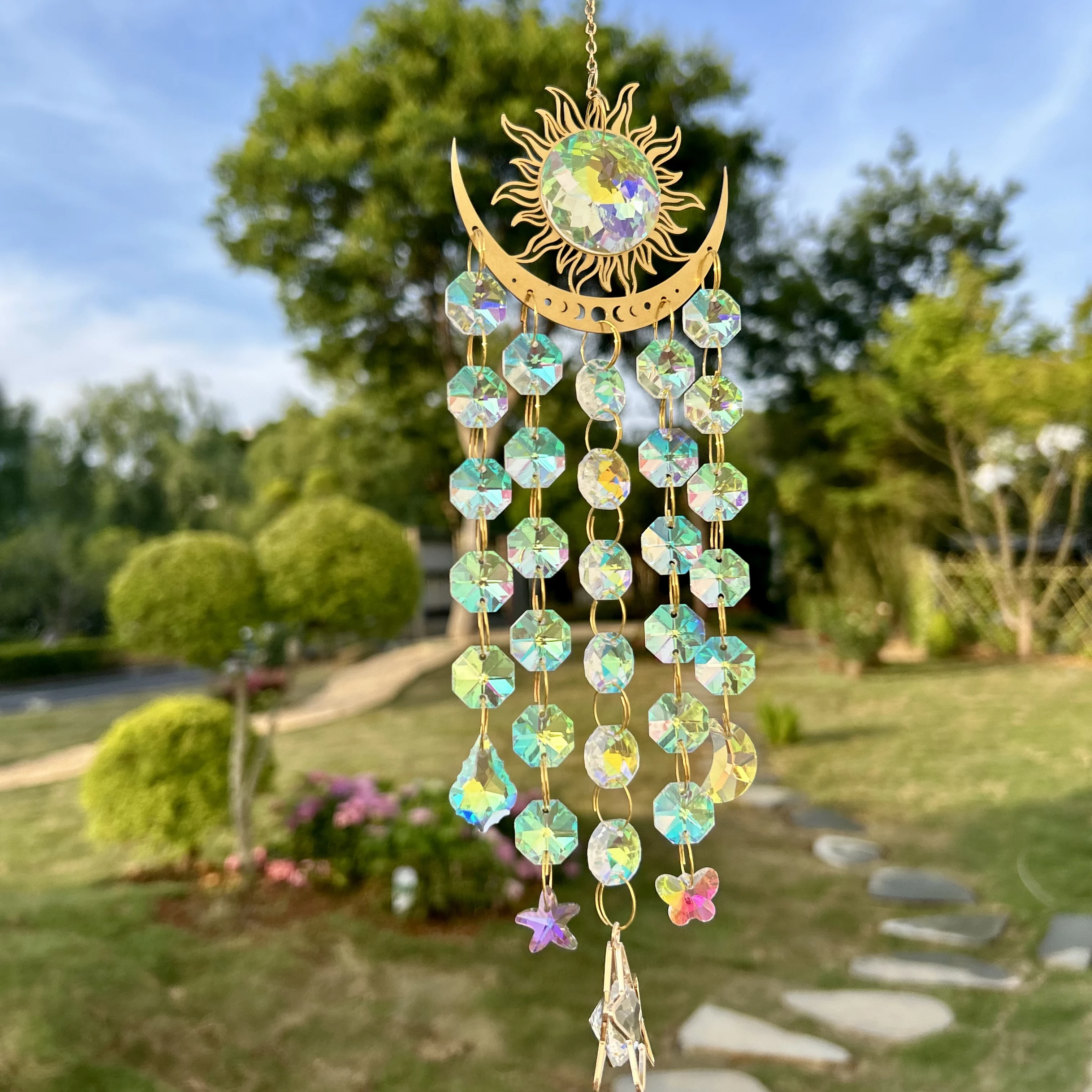 2 crystal light catchers, indoor and outdoor gardens, sun, moon and dream catcher crystals, window and balcony decorations