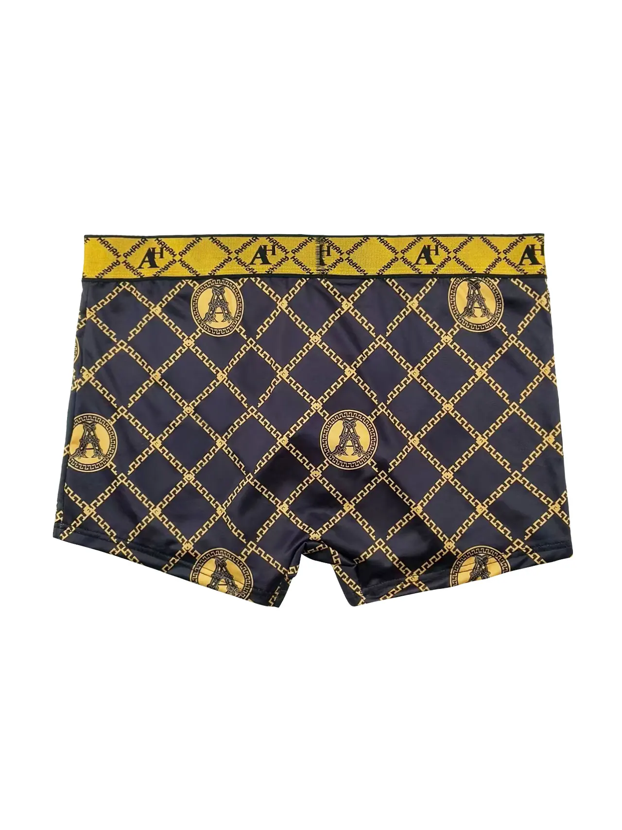 سراويل داخلية للرجال مكونة من 8 قطع من الحرير الجليدي - مطبوعات فاخرة منقوشة بالذهب مع حزام خصر بشعار "A+"، طقم ملابس داخلية باللون الكحلي الداكن #3