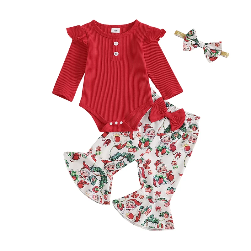 

Baby Girls Christmas Pants Sets Long Sleeve Ribbed Romper Santa Claus Bird Print Flared Pants Headband Sets