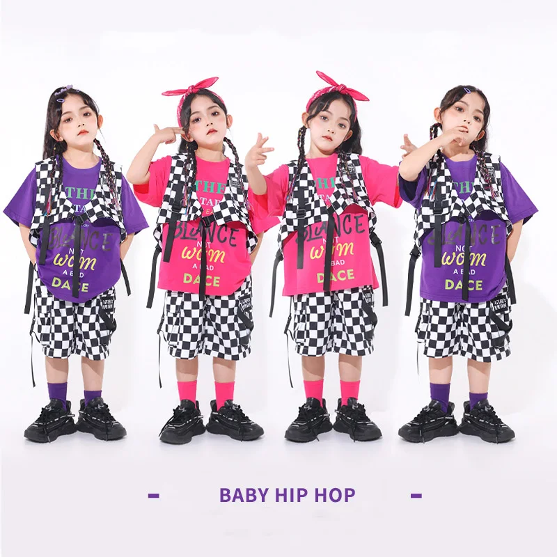 Girls Hip Hop Costume Boys Jazz Dance Clothing for Kids Children Plaid Vest Shorts Street Dance Drum Stage Performance Wear