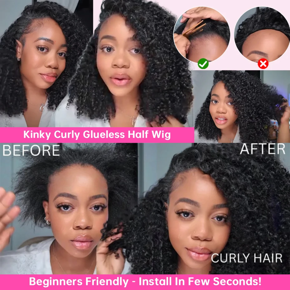 Kinky Curly Half Wig 250 Density Double Drawn Invisible Drawstring Machine Made Wigs Human Hair Ponytail Invisible Hairline Half Wig Natural Colored Ready To Wear Vietnamese Human Hair Wig 18 20 22 24 26 Inch Free Shipping