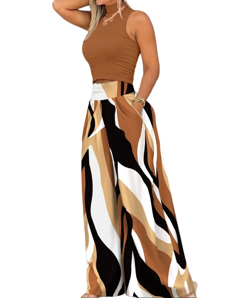 Elegant Round Neck Neck Floral Print Two Piece Set Summer Women Casual Commuting Wide-leg Trouser Suit Loose Office Lady Outfit