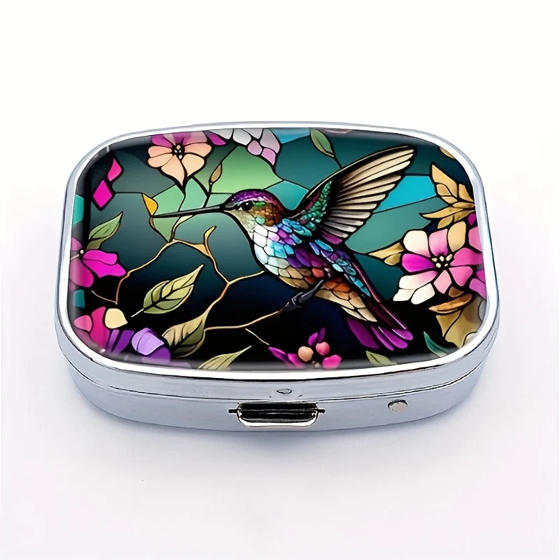 Single-piece, flat hummingbird print glass-style storage box, portable square organizer with compartments, portable wallet travel storage bag, used for storing vitamins and supplements, unique travel storage solution