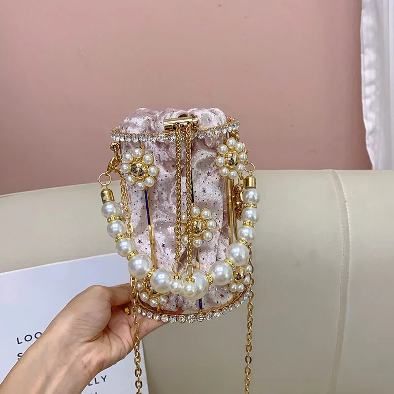 Süß und glänzend, diamantbesetztes Stern-Nischendesign, Eimertasche, Vogelkäfig-Abendtasche, tragbare Perlen-Bankettasche – Detail 8