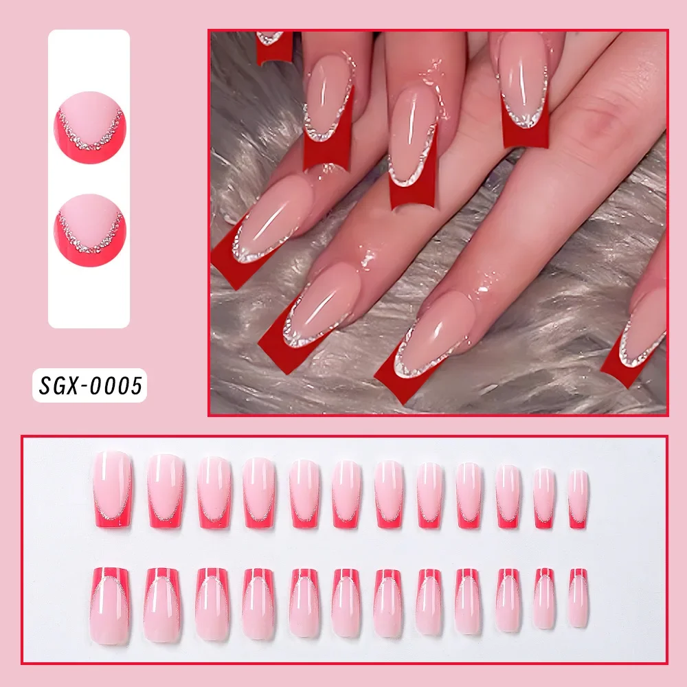 

Red French & Silver Glitter Press On Nails, Medium Coffin Fake Nails, Nude Pink Base Removable Elegant False Nail Tips