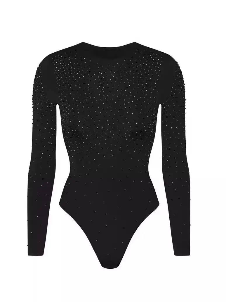 

Slimming Long Sleeve Diamond Embellished Sexy One-Piece Waist Cinched Base Layer Pants Cotton Blend Fabric Straight Cut Thin ...