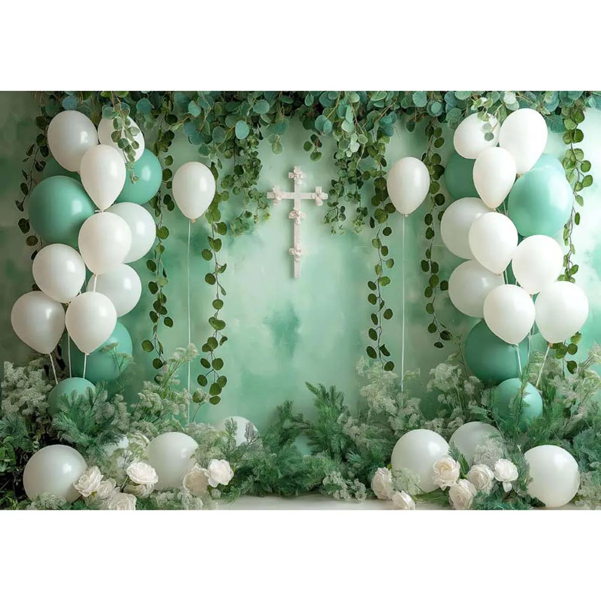 Allenjoy White and Green First Holy Communion Baptism Party Backdrop