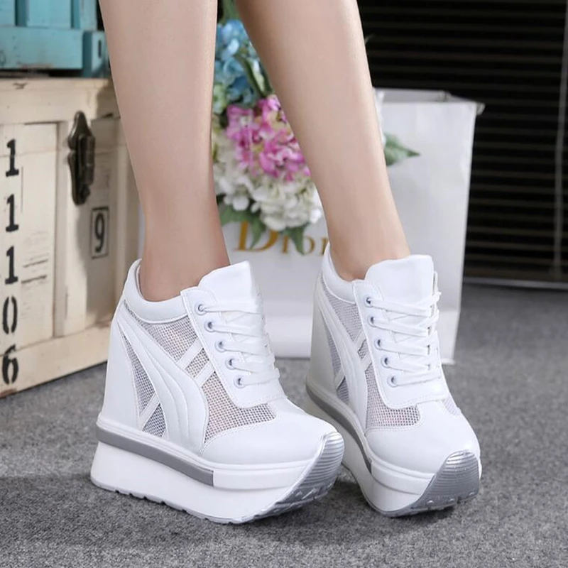 Comemore 2023 New Women Mesh Platform Sneakers Trainers White Shoe 10cm High Heels Wedges Thick Bottom Breathable Casual Shoes