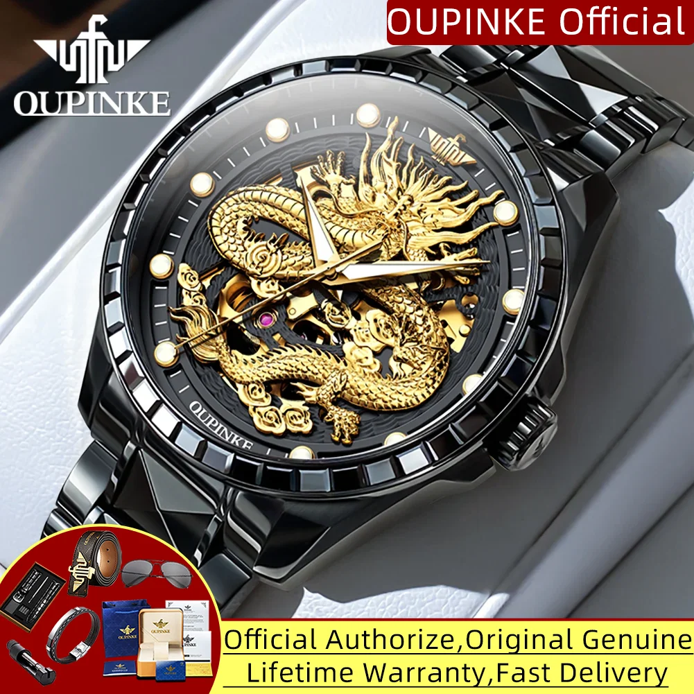 OUPINKE 3276 Automatic Mechanical Wristwatch for Men Japan Import Movement Hollow Dragon Watch Tungsten Steel Strap Luxury Watch