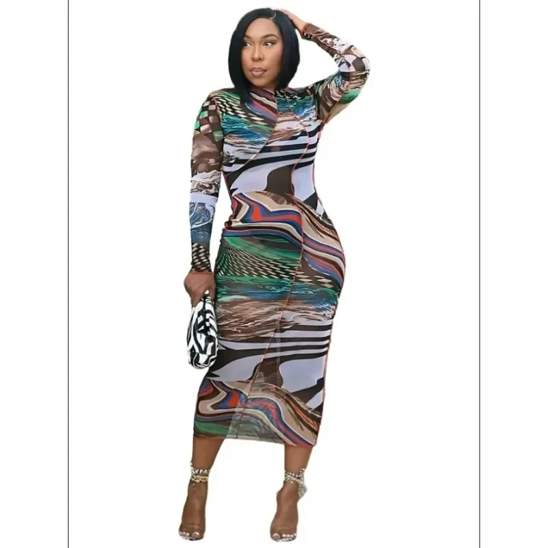 

Fashion Geometric Print Slim Sheath Dress Sexy Patchwork Women Midi Dresses for Women Classy