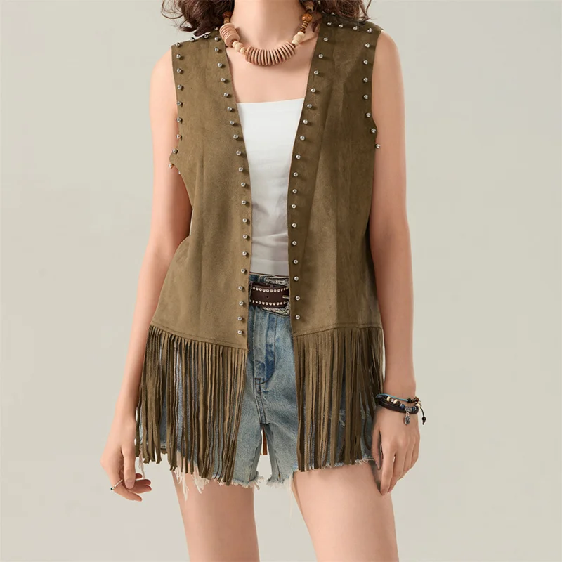 

Women Vintage Tassel Vest Suedette Rivets Sleeveless Fringe Waistcoat Jacket Open Front Western Jacket Cardigan Oversized