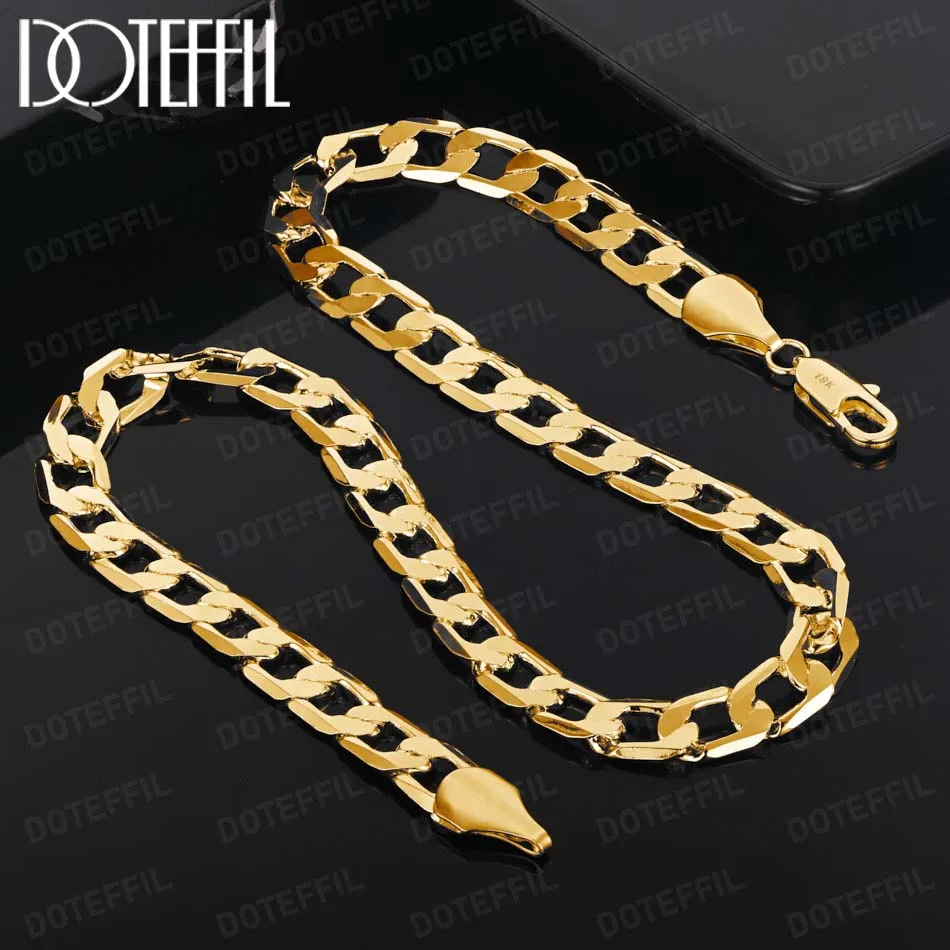 

DOTEFFIL 18K Gold 10mm Flat Sideways Chain 20/24 Inches Necklace For Women Man Fashion Wedding Party Charm Jewelry