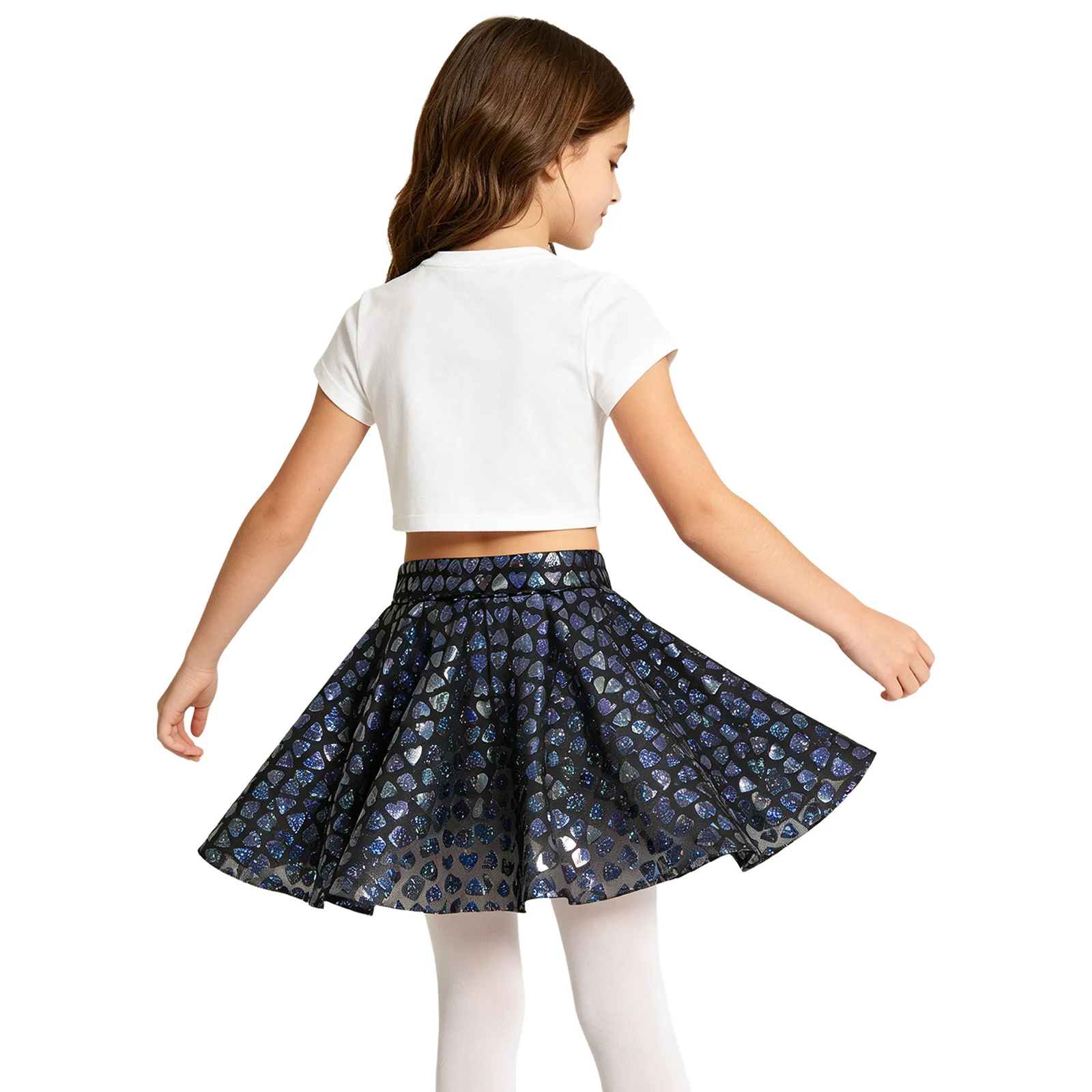 Kids Girls Metallic Heart Print Tutu Skirt Shiny Elastic Waistband Ruffled Skirts for Disco Hip Hop Jazz Dance Stage Performance