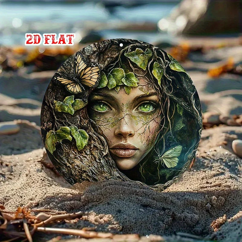 A Vintage-Style Round Metal Sign Measuring, Showcasing a Female Portrait Adorned with Vines And Leaves