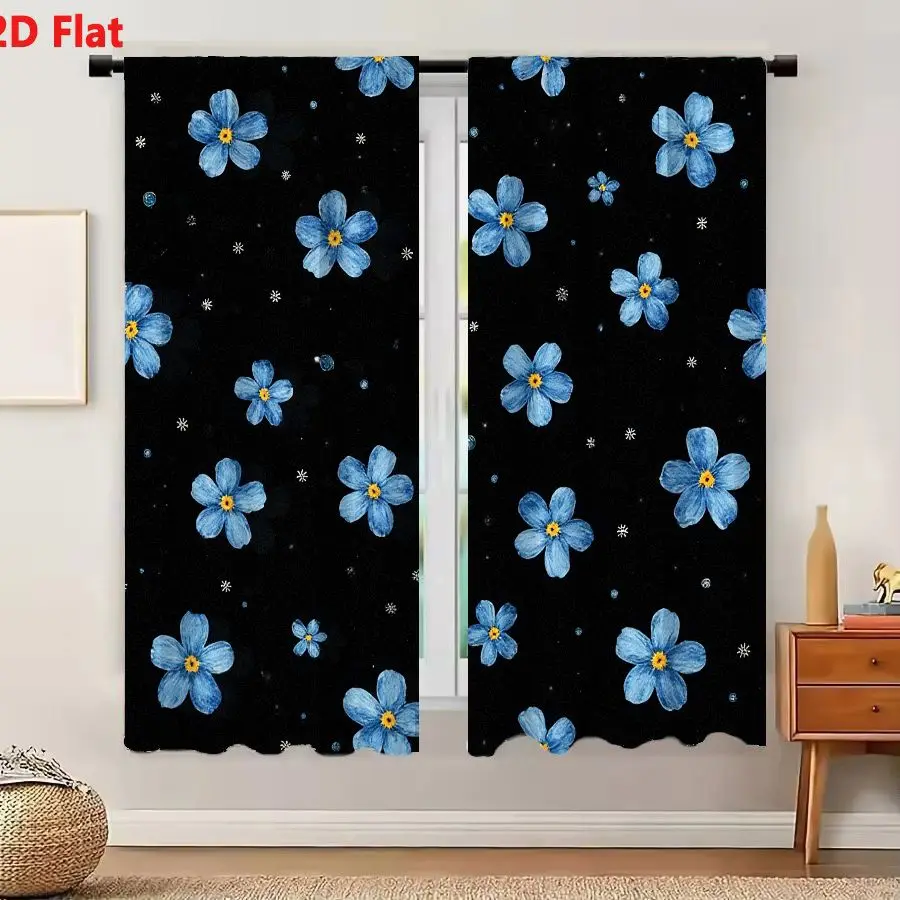 2Pcs Curtains 2D Flat Blue Flowers With Yellow Centers And White Specks On Black Background Seamless Pattern Window Drapes for B