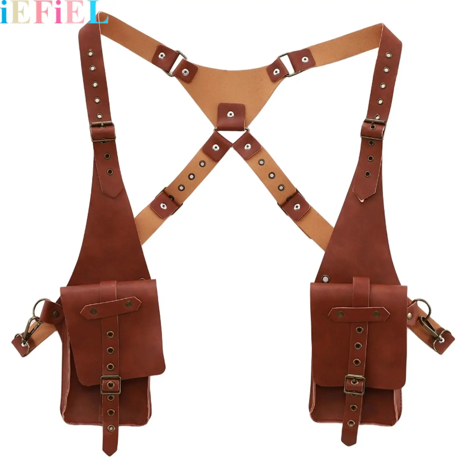 

Adjustable Leather Shoulder Bag Outdoors Mobile Men Medieval Steampunk Retro Backpack with Underarm Bag