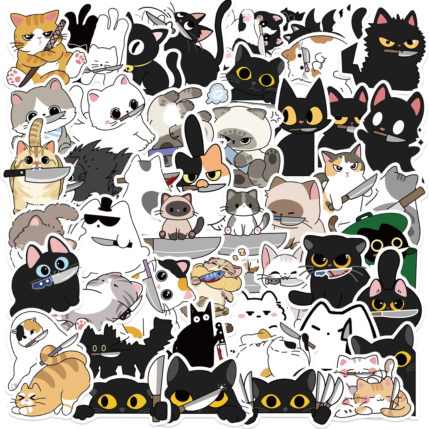 50PCS Funny Kitten Holding a Knife Sticker Aesthetic PVC Decoration Scrapbooking Supplies Cat Animals Stickers