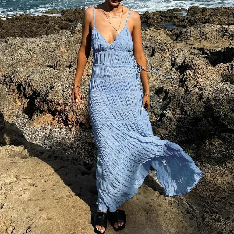Verão sólido com decote em v bohe vestido de festa feminino sexy cintura alta grande balanço praia vestido casual sólido alça ajustável maxi vestido mujer