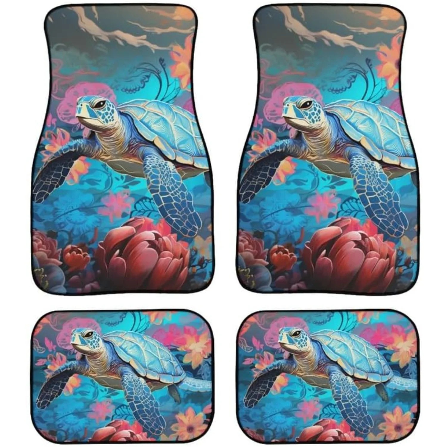 Sea Turtle Flower Car Floor Mats For Underwater World - Set Of 4 Front And Rear Mats With Heel Pad, Suitable For Suvs, Vans, Tru