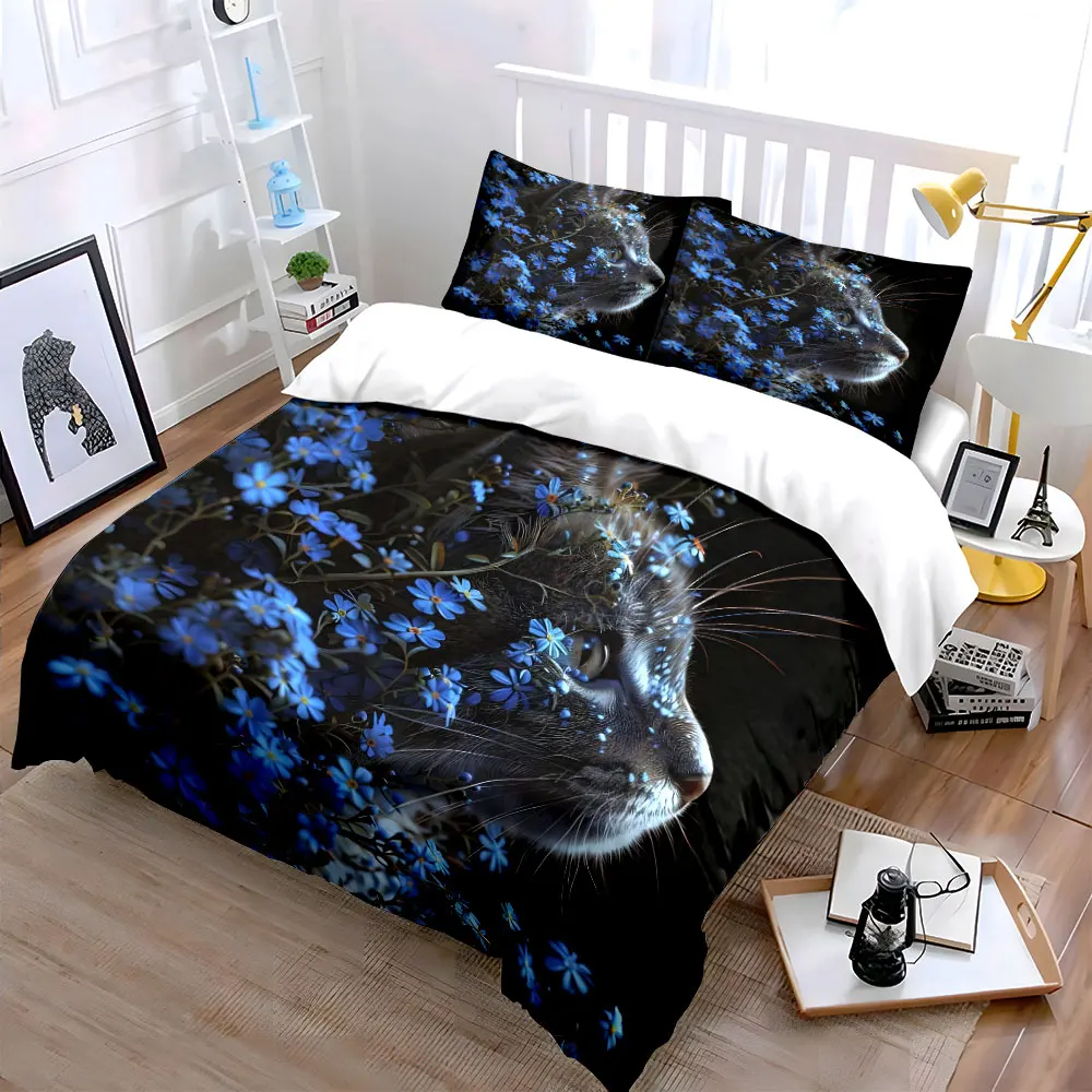 Cat surrounded by blue flowers Printed Duvet Cover Set1 Duvet Cover+2 PillowcaseMulti Size Bedroom Bedding Decor Luxury gifts