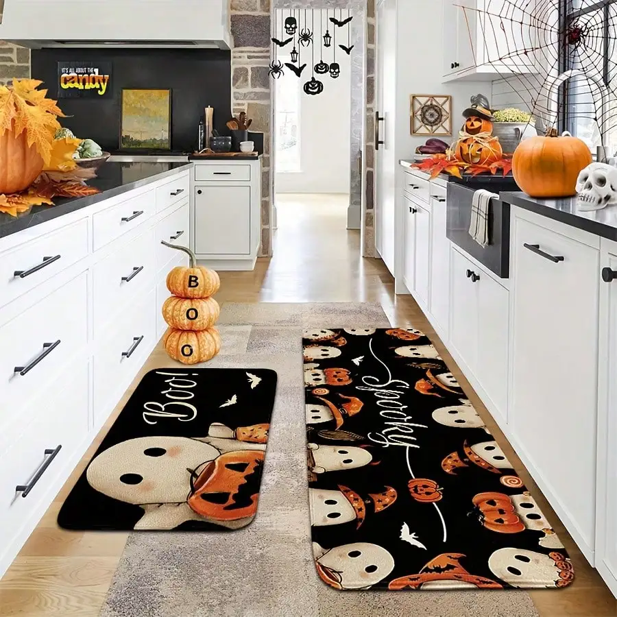 Halloween Kitchen Rug Set Cute Spooky Non-Slip Carpet Black Ghost Pumpkin Printed Soft Flannel Fabric 2 3 Pcs Set Machine Washable Rectangle Runner For Kitchen Hallway Entryway Halloween Decoration view 6