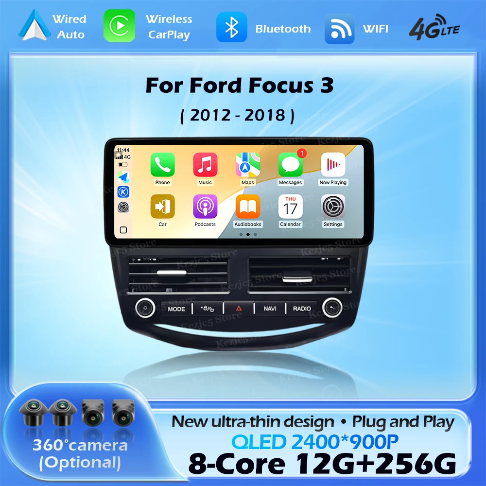 Radio para Auto con Android 15, Reproductor de Video para Ford Focus 3 2012-2018, Navegación GPS, WIFI, Carplay, DSP, Estéreo, BT, QLED, 2400*900P, 12.3 Pulgadas