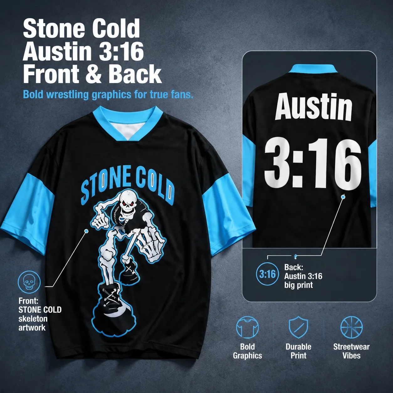 Stone Cold Austin 316 Wrestling Dress Men's Black Blue V-neck Skull Print Short Sleeve Loose Off Shoulder Casual Sports T-shirt