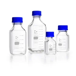 DURAN® Laboratory Bottle Square, clear, with DIN 168-1 thread, graduated, with screw cap and pouring ring from PP (blue)