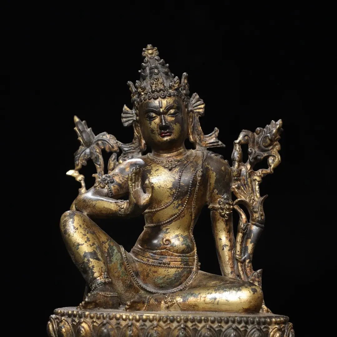 Avalokiteshvara Tara Bodhisattva Statue Pure Brass Gold Rubbed Vintage Home Altar Desk Decoration