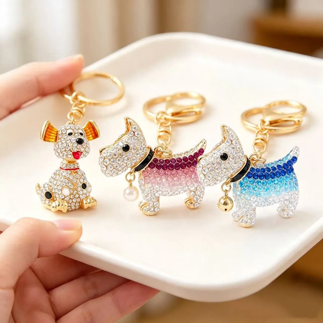 3PCS Korean Rhinestones Dog Keychain Cartoon High-end Rhinestone Car Keyring Blingbling Exquisite Crystal Animal Pendant Gift