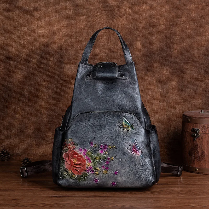 

Vintage Genuine Leather Women's Bag, Color-Washed Top-Layer Cowhide, Chinese Style Handbag, Crossbody Bag, Embossed Backpack, Casual Backpack