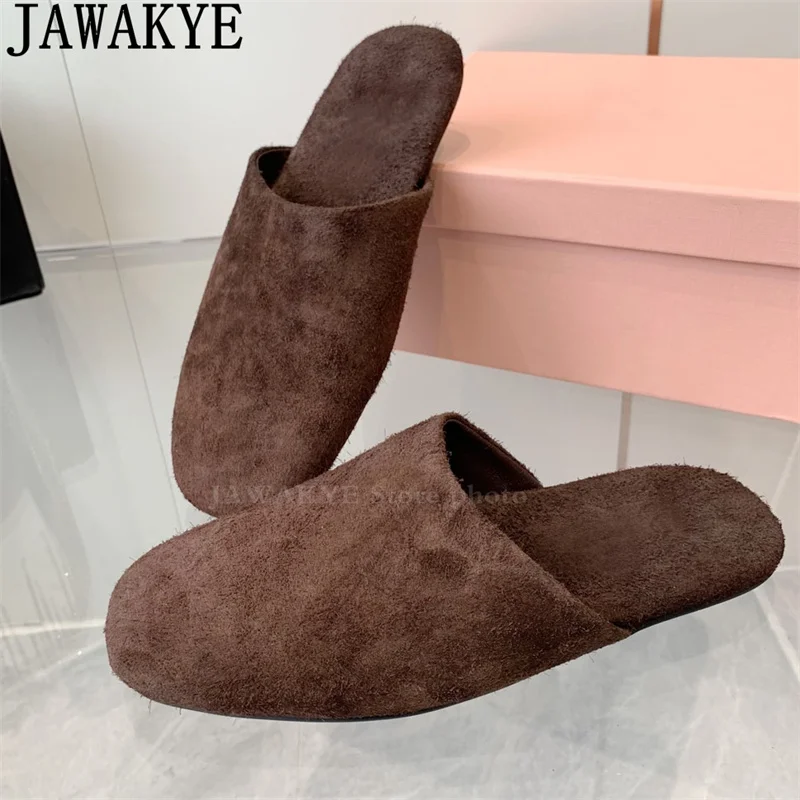 Cow Suede Round Wrap Toe Flat Slippers for Women Luxury Brand Designs Mules Slippers Female Summer Casual Punk Slippers Woman