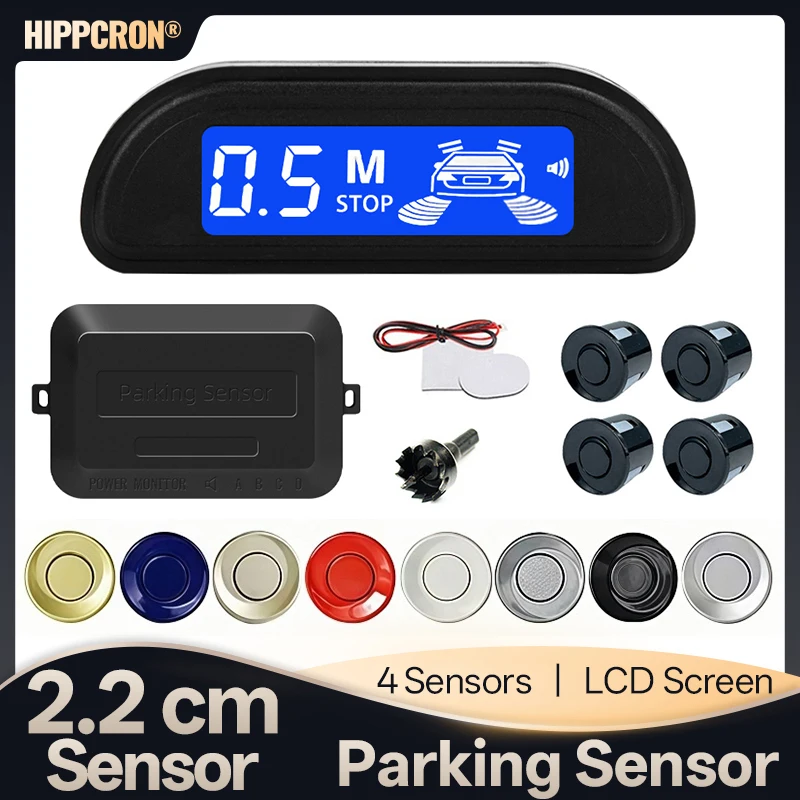 Hippcron Parksensor-Set Auto Parktronic LCD-Display Hintergrundbeleuchtung Rückfahrradar-Überwachungssystem 4 Sensoren 22mm 12V 8 Farben