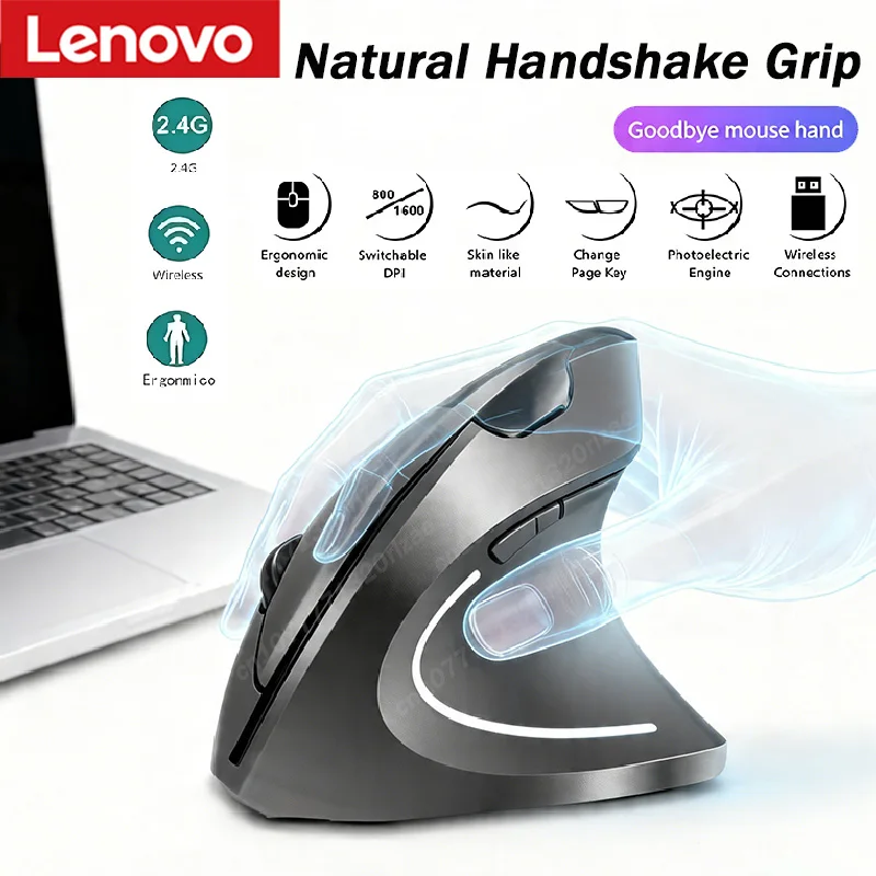    Ratón Vertical Inalámbrico Bluetooth Lenovo 2.4G Ergonómico con Agarre Lateral Silencioso Recargable para Juegos, Portátil, PC, Ordenador, DPI Ajustable
