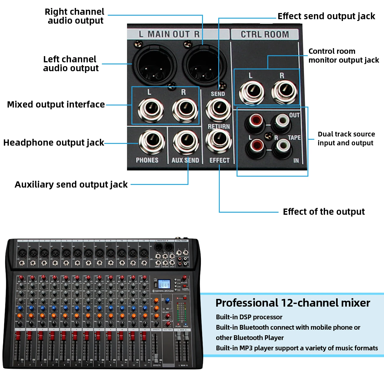 DEPUSHENG DX12 Professioneller Audio-Mixer 12-Kanal Studio-Audiokonsole USB MP3-Eingang 48V Phantomspeisung DJ-Konsole – Detail 7