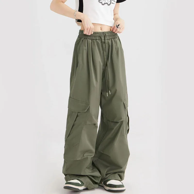 Vintage Streetwear Army Green Cargo Pants Women Y2K Japanese Loose Pocket Parachute Pants Harajuku Oversize Baggy Sweatpants