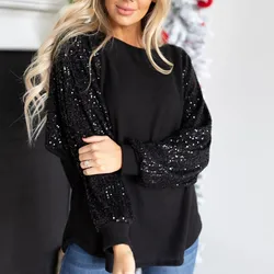 Women's Round Collar Loose Pullover Tops T-shirt Oversized Irregular Fashion Sequin Patchwork Long Sleeve Sweatshirt