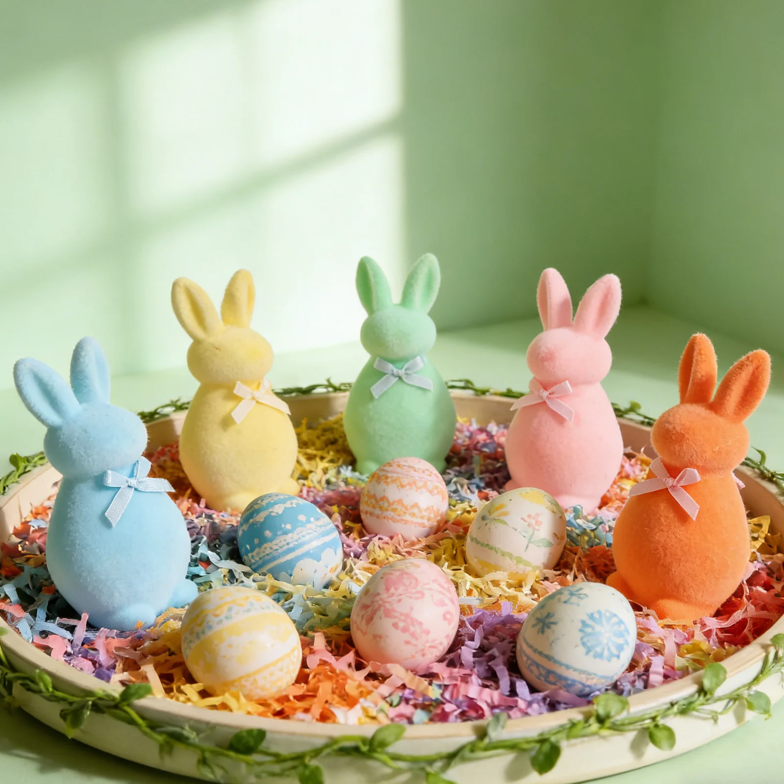 

5Pcs Flocked Bunny Sculptures Moss Finish Easter Decorative Statues Tabletop Centerpieces Spring Home Office Garden Shelf