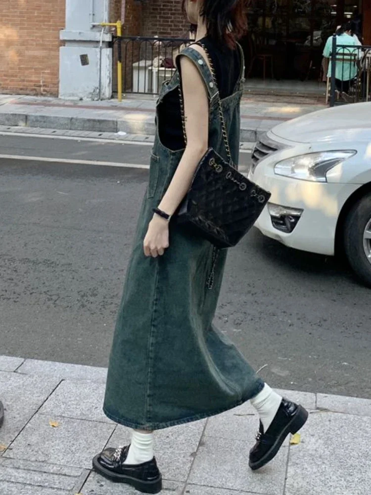 Straps Denim Dress Women Vintage Baggy Streetwear Midi Summer Aesthetic Solid Kawaii Girl Sleeveless Vestidos Casual Minority