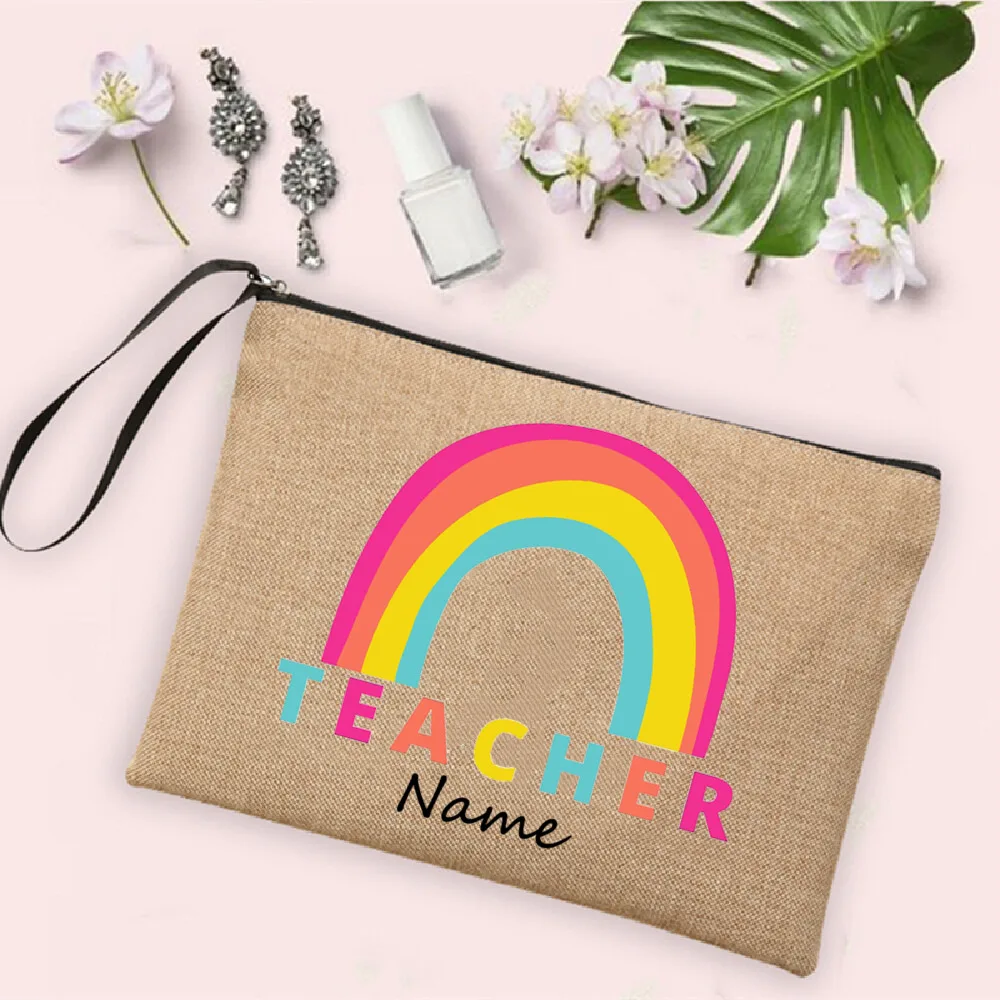 Rainbow Teacher Pencil Case Personalized Custom Name Linen Stationery Supplies Storage Bags Travel Neceser Makeup Bag Best Gifts