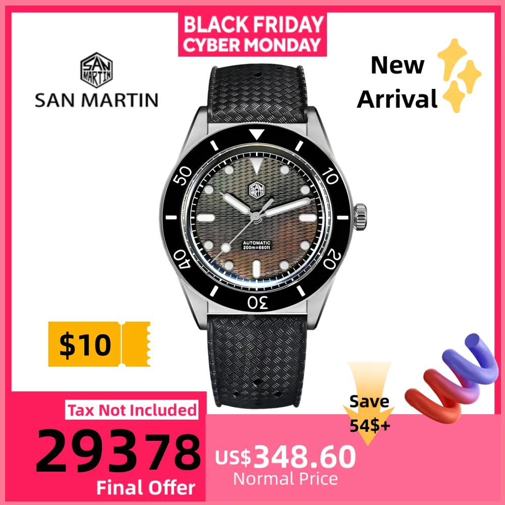 

San Martin 39mm Miyota 90S5 Guilloche MOP Wave Dial Men Automatic Watch Dive Wristwatch Self-Wind BGW-X1 Luminous 20Bar SN0151GL