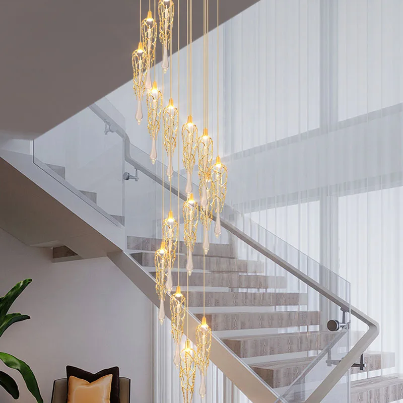 

Modern Branches Crystal LED Chandelier For Staircase Luxury Cristal Long Art Hanging Lamps Spiral Indoor Large Lighting Fixtures