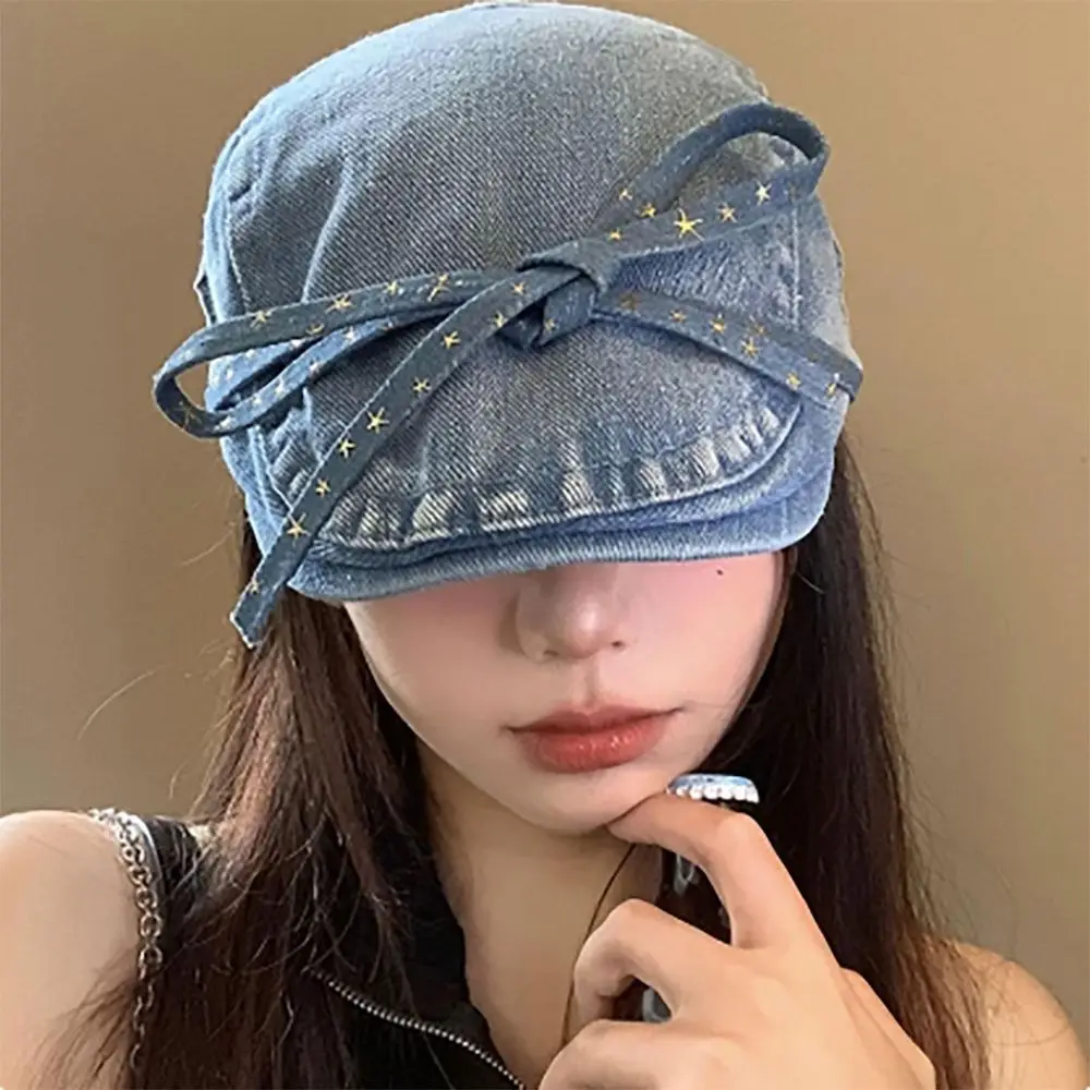 

Cowboy Baseball Cap Fashion Korean Style HIgh-quality Berets Cap Bow Knot Sunscreen Forward Hat Versatile